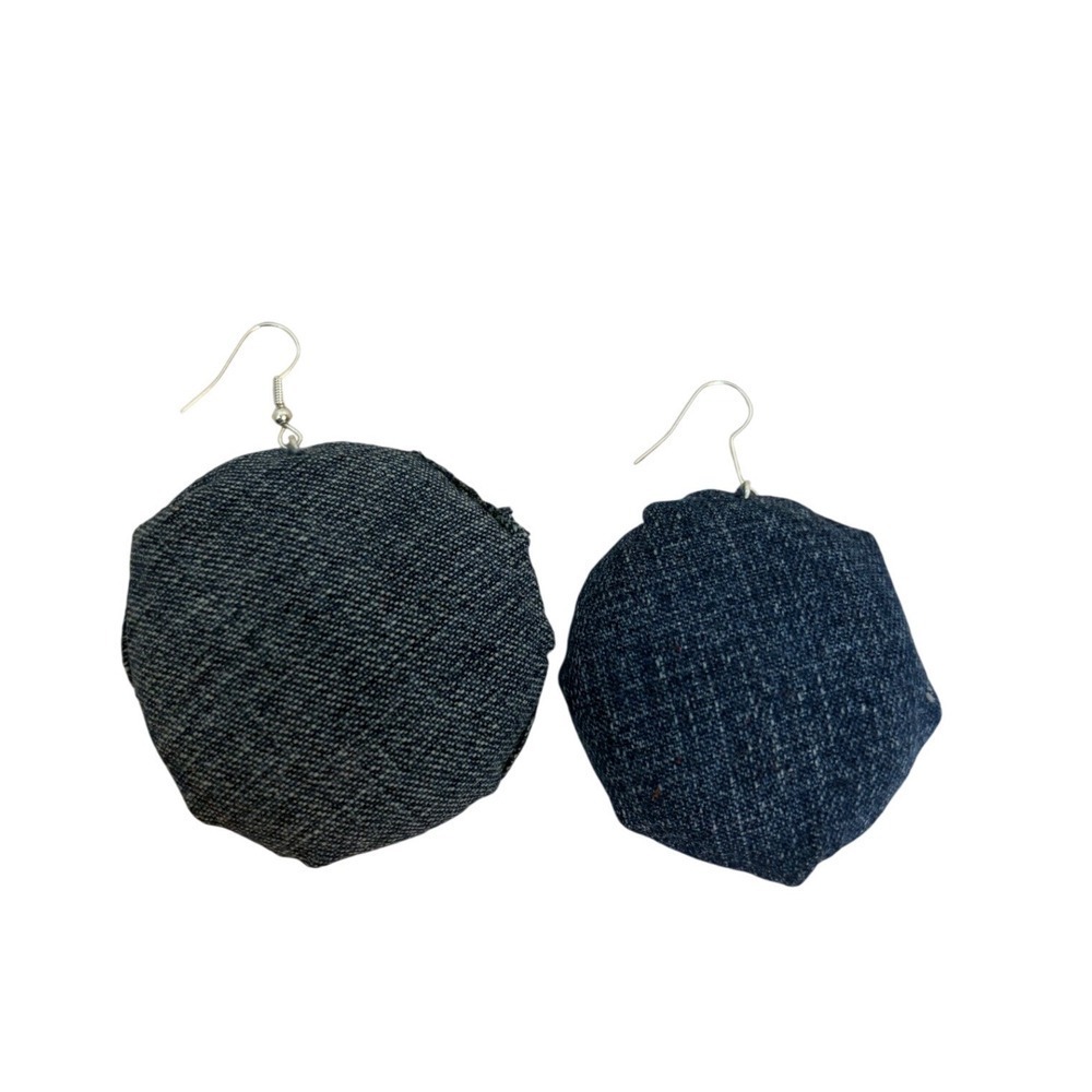 Denim Circle Earrings Blue Jean Fabric Dangle Boho Round Statement Earrings